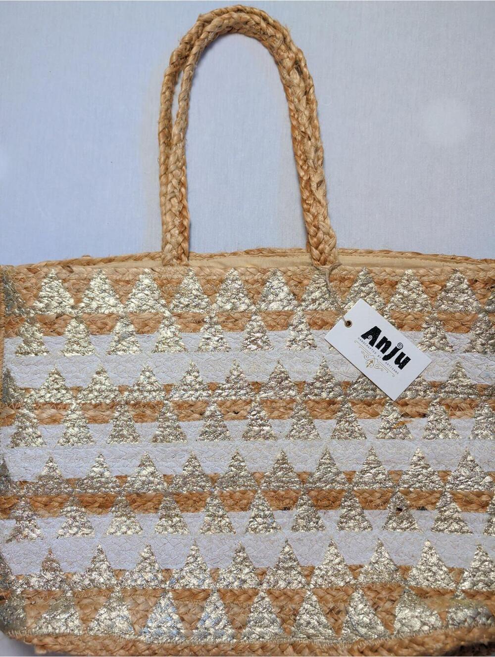 Anju Woven Straw Tote Bag with Metallic Triangle Pattern NWT Boho Beach Vacation